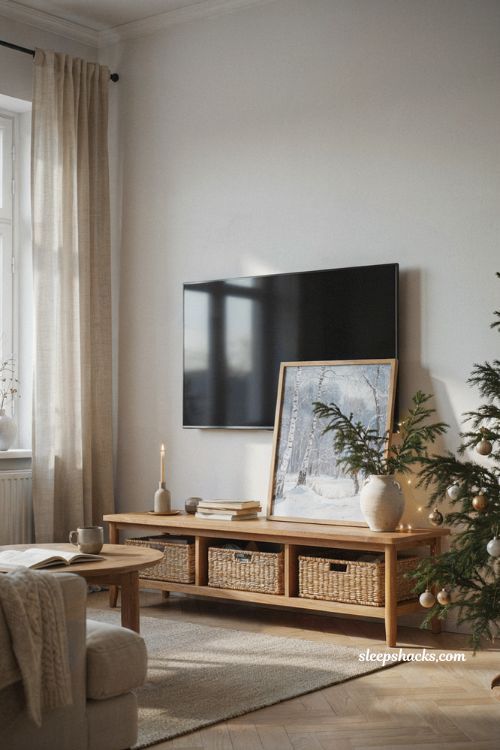 Christmas decor ideas for a living room tv stand with minimalist statement holiday styling