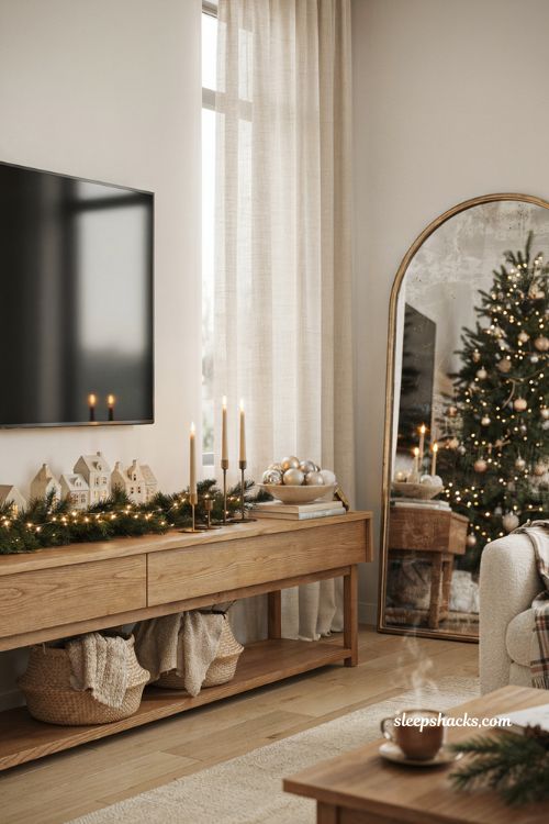 Christmas decor ideas for a living room tv stand with mirror reflections and festive holiday sparkle