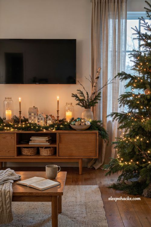 Christmas decor ideas for a living room tv stand with warm fairy lights and cozy evening glow