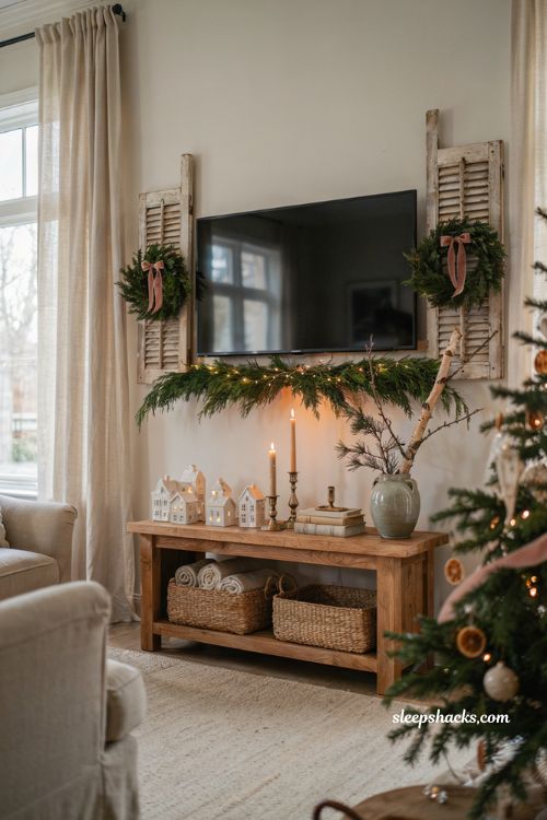 Christmas decor ideas for a living room tv wall with festive holiday styling above the television