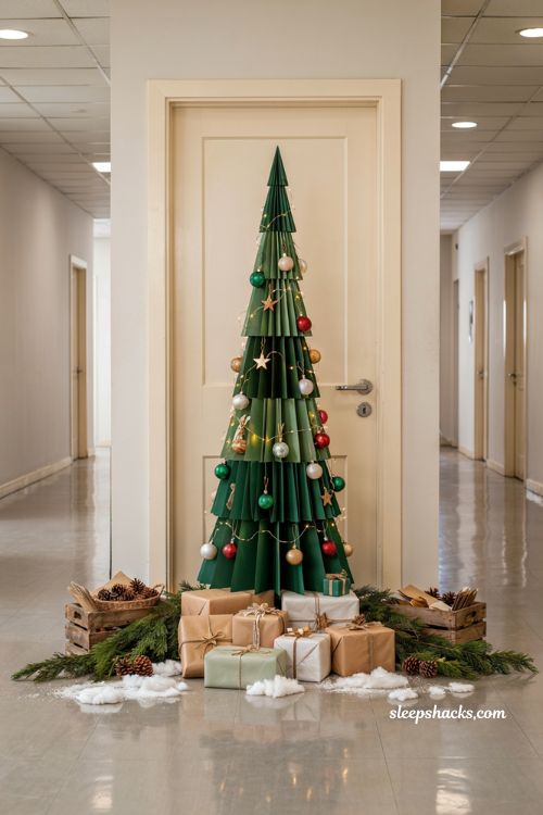Christmas door ideas for work with 3d paper cone Christmas tree office decoration