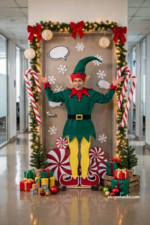 Christmas door ideas for work with cheerful elf themed office door decoration
