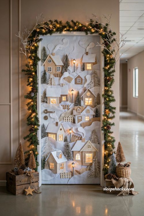 Christmas door ideas for work with cozy paper winter village office door decoration