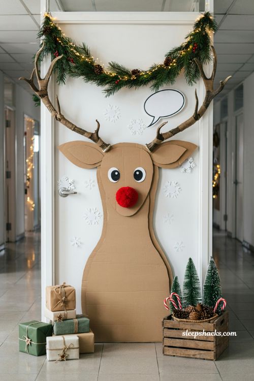 Christmas door ideas for work with funny Rudolph reindeer office door decoration