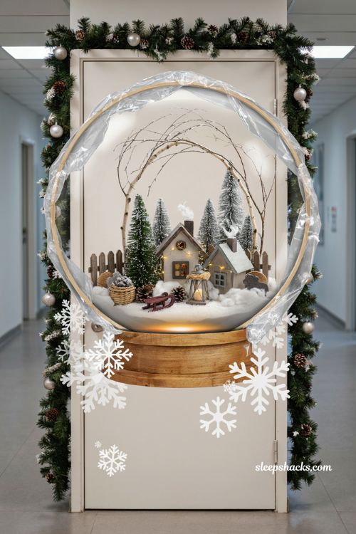 Christmas door ideas for work with giant snow globe office door decoration