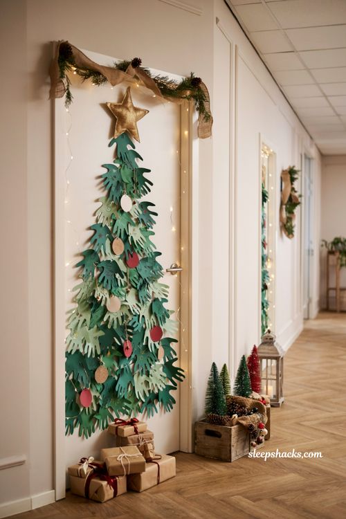 Christmas door ideas for work with handmade paper handprint Christmas tree office decoration