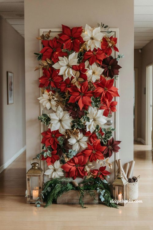 Christmas door ideas for work with oversized paper poinsettia flower office decoration