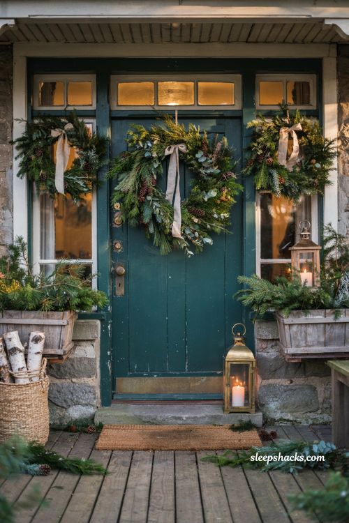Christmas front door ideas with fresh evergreen swags and rustic farmhouse holiday entrance