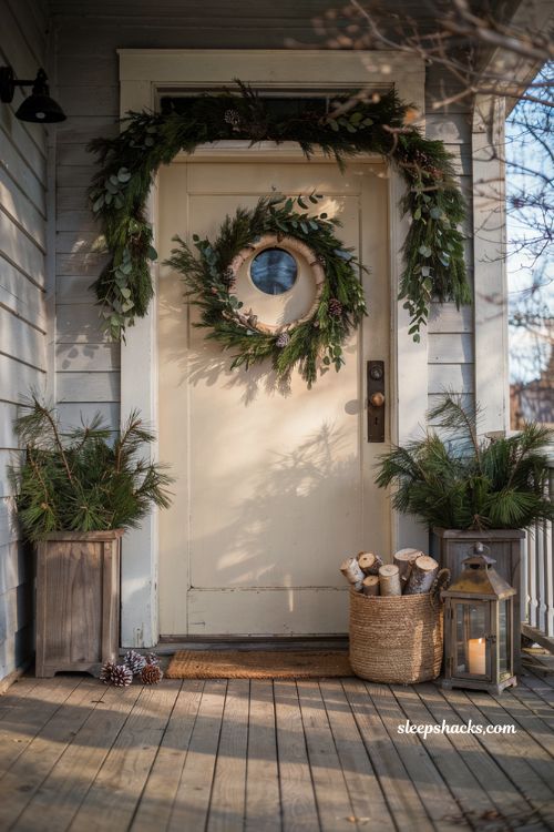 Christmas front door ideas with fresh greenery garland and natural wood round wreath