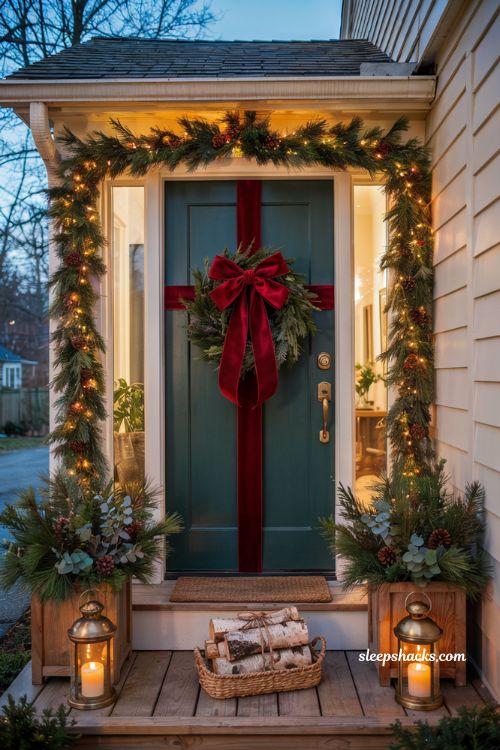 Christmas front door ideas with oversized bow ribbon wrapped front door and evergreen holiday decor