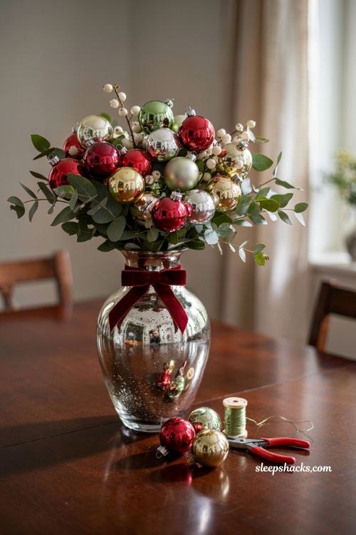 Christmas ornament cluster bouquet DIY holiday centerpiece idea and handmade gift