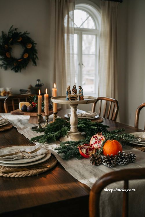Christmas table settings ideas with elevated centerpiece and holiday cake stand decor