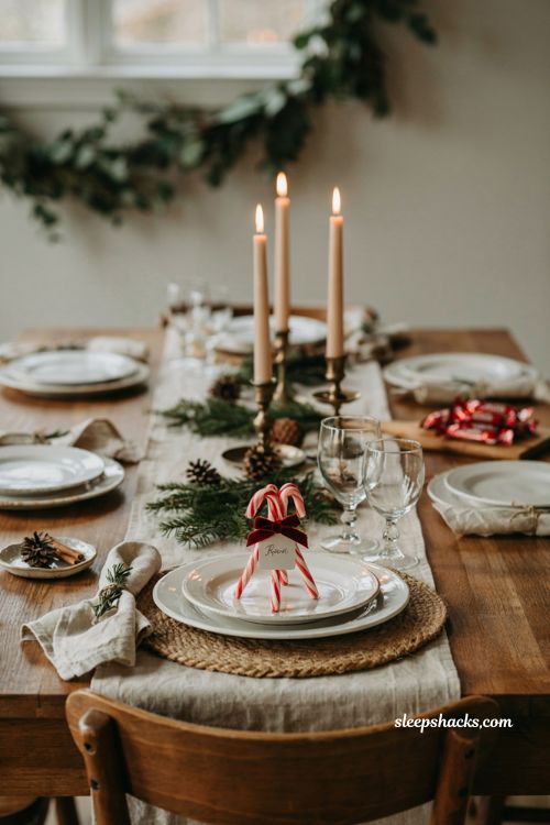Christmas table settings ideas with candy cane edible place card holders