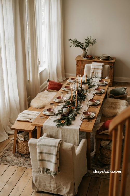 Christmas table settings ideas with cozy seating and holiday dining room decor