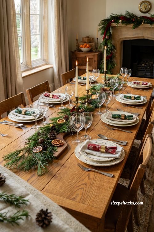 Christmas table settings ideas with festive crackers and elegant holiday place settings