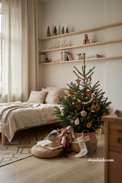 Christmas tree ideas for kids with safe handmade ornaments and cozy bedroom holiday decor