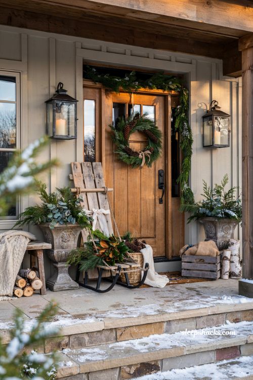 Christmas yard decorations ideas with a diy reclaimed pallet sled and rustic farmhouse porch decor