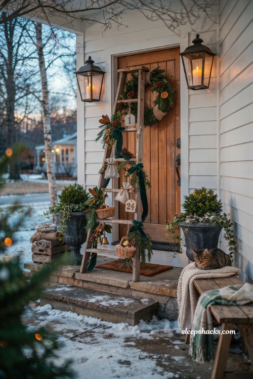 Christmas yard decorations ideas with a rustic outdoor advent ladder and cozy farmhouse porch decor