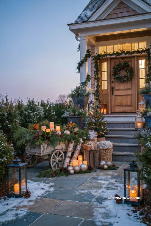 Christmas yard decorations ideas with a vintage wagon filled with glowing candles and evergreen decor