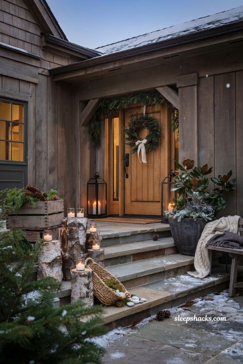 Christmas yard decorations ideas with handmade birch log luminaries and rustic farmhouse holiday entry