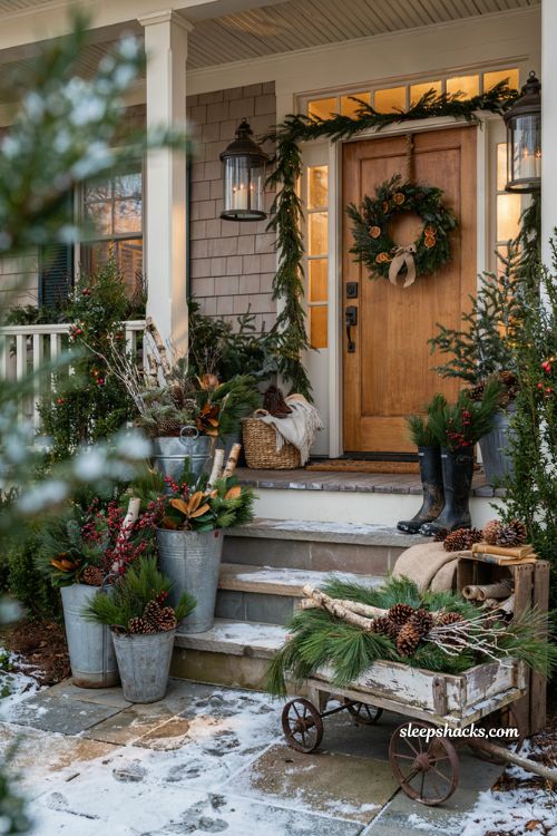 Christmas yard decorations ideas with vintage rain boots galvanized buckets and rustic holiday planters