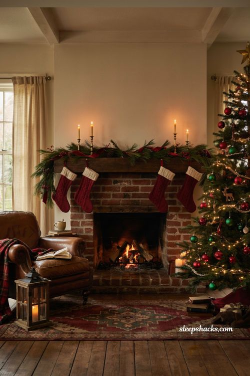 Classic Christmas living room decor color scheme featuring traditional red and green ornaments with warm white lights
