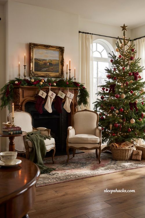Classic christmas decor ideas with red gold ornaments greenery and velvet ribbons
