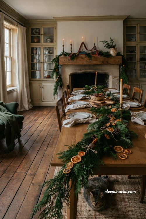 Classic christmas decor with dried orange and pinecone garland for farmhouse home