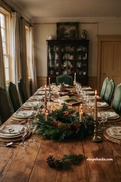 Classic christmas decor with evergreen wreath candle centerpiece on dining table