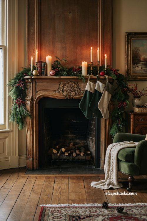 Classic christmas decor with fresh greenery mantel garland and red berry accents