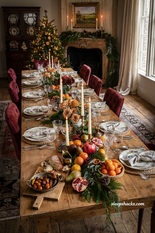 Classic christmas decor with fruit flowers and candle centerpiece for holiday table