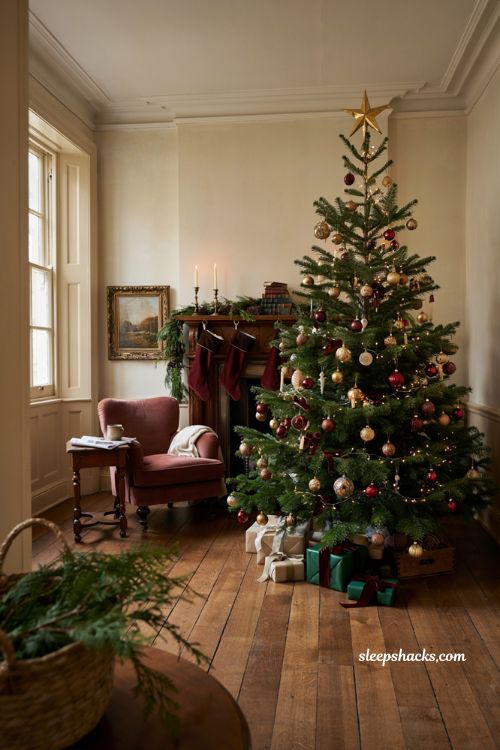 Classic christmas decor with layered ornaments on a traditional christmas tree