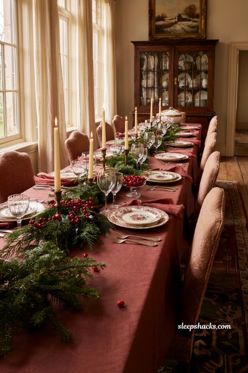 Classic christmas decor with layered red holiday table setting and vintage dishes