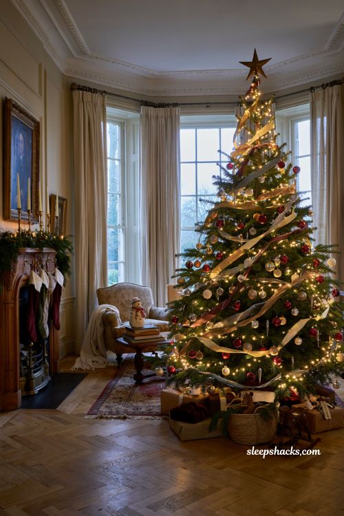 Classic christmas decor with metallic ribbon christmas tree and glowing warm lights