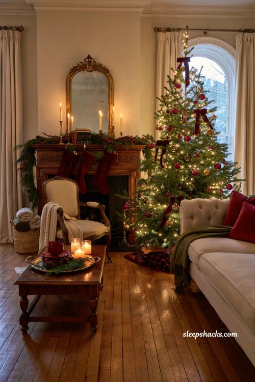 Classic christmas decor with red and gold ornaments and traditional holiday style