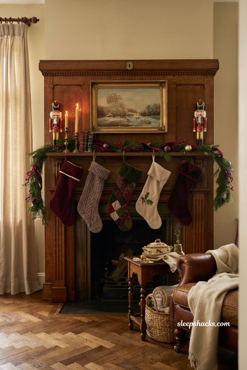 Classic christmas decor with stockings and wooden nutcrackers on mantel