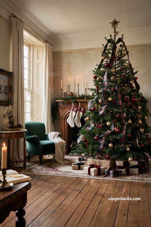 Classic christmas decor with tartan ribbon christmas tree and red gold ornaments