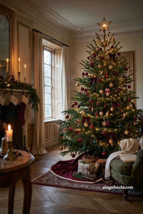 Classic christmas decor with velvet tree skirt and timeless star topper