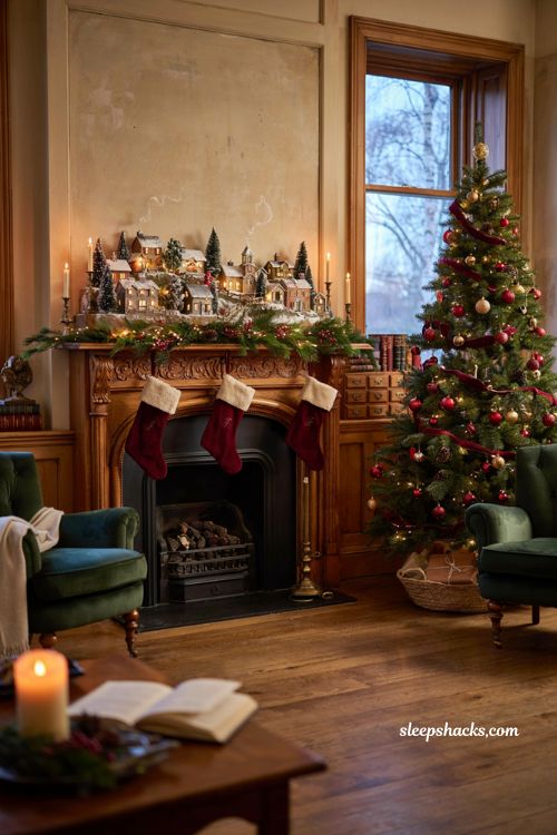 Classic christmas decor with vintage christmas village advent calendar display
