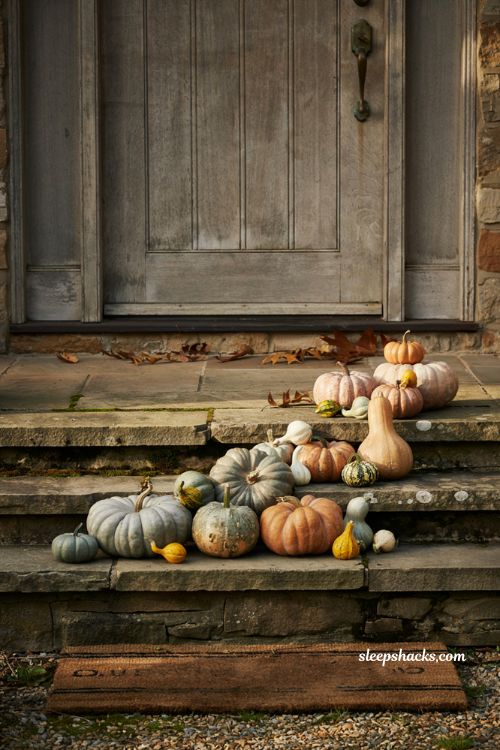 Cluster real and faux pumpkins together by shape for a curated autumn porch display