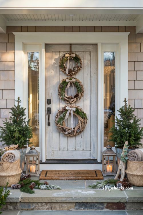 Coastal Christmas front door ideas with stacked whitewashed driftwood wreaths and evergreen trees