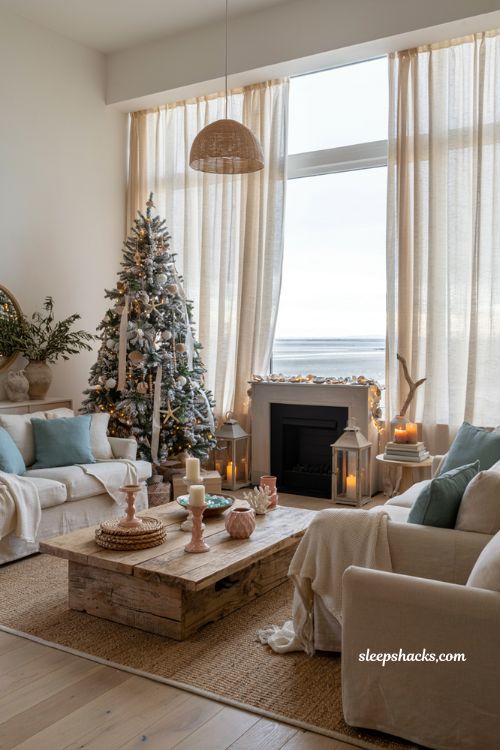 Coastal christmas decor ideas for your living room with breezy seaside holiday styling