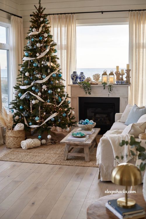 Coastal christmas living room decorated with blue white and sandy neutral holiday colors