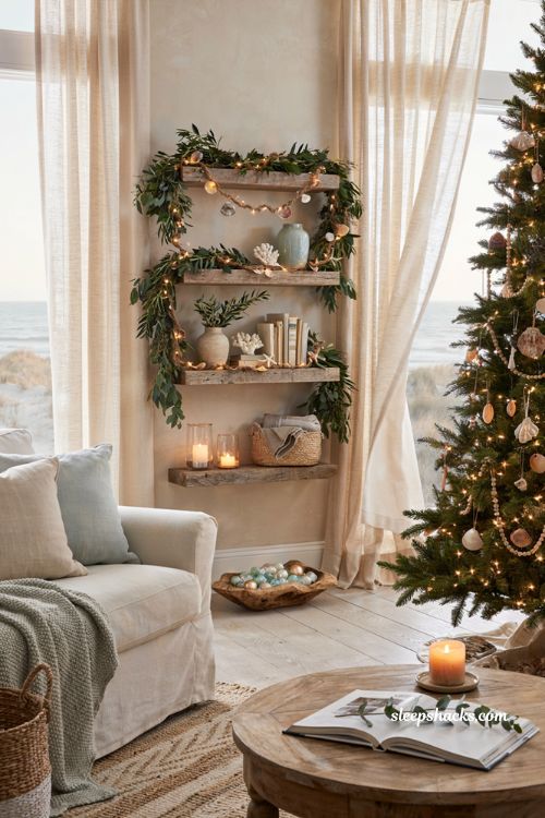 Coastal christmas living room shelf with seashell garland evergreen and warm holiday lights