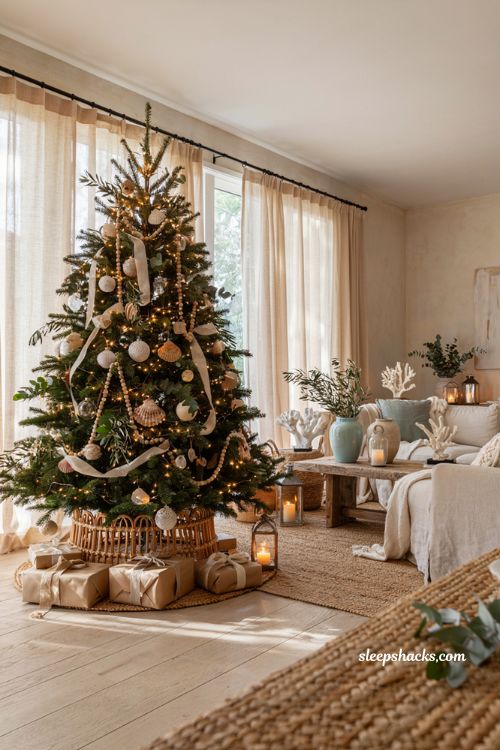Coastal christmas living room with a woven rattan tree collar and natural seaside holiday decor