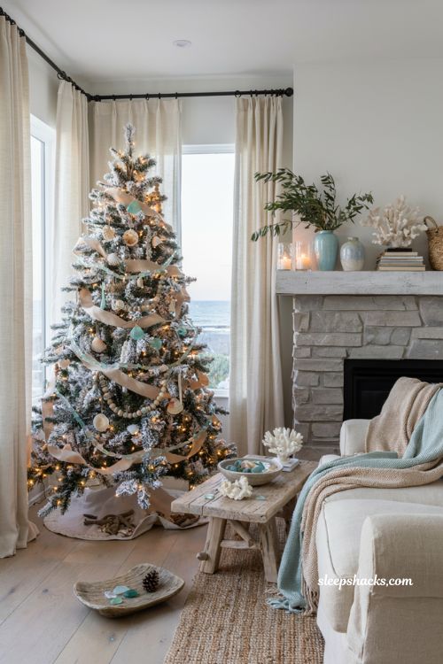 Coastal christmas living room with faux coral sea glass accents and elegant seaside holiday decor