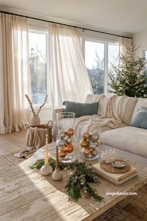 Coastal christmas living room with glass vases filled with gold and silver ornaments