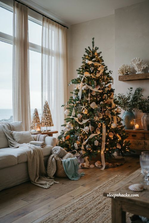 Coastal christmas living room with shell and starfish ornaments on a seaside holiday tree
