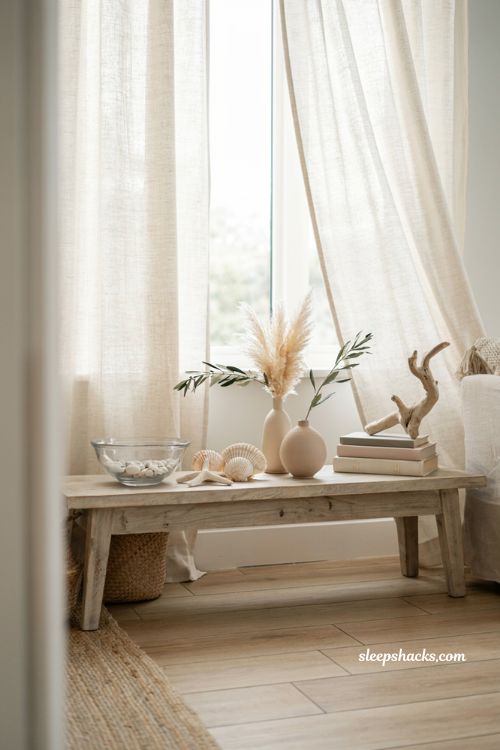 Coastal console table with seashell decor white stones and natural starfish accents