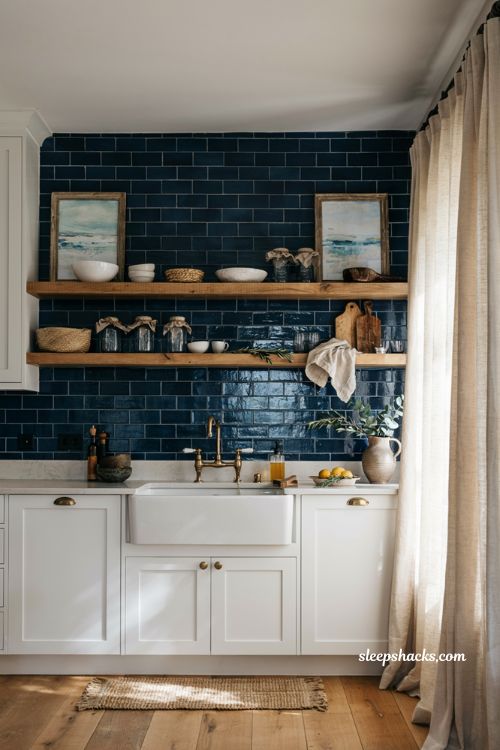 Coastal farmhouse kitchen ideas with bold blue backsplash and white shaker cabinets